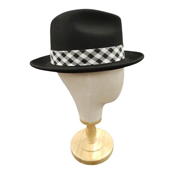 MEN'S MONTIQUE BLACK WOOL FELT HAT WITH ABSTRACT CHECKERED HAT BAND. H2362. - Picture 3 of 8